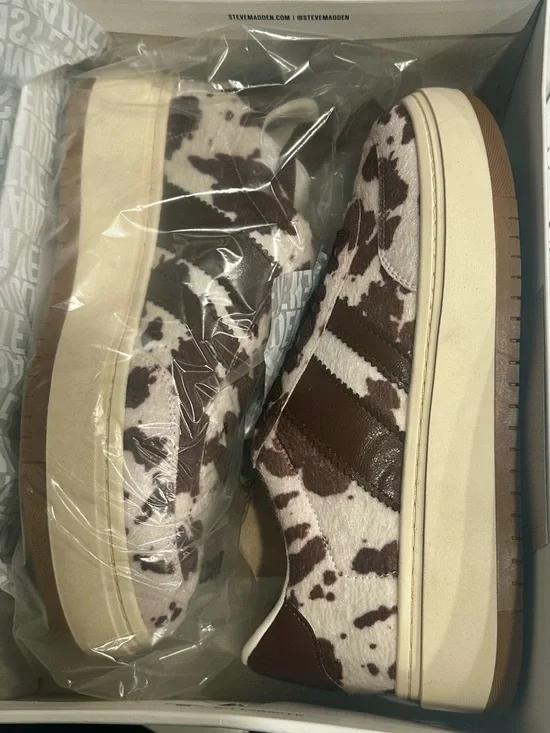 Steve Madden Brown and Cream Cow-Print Platform Sneakers - Picture 4 of 5